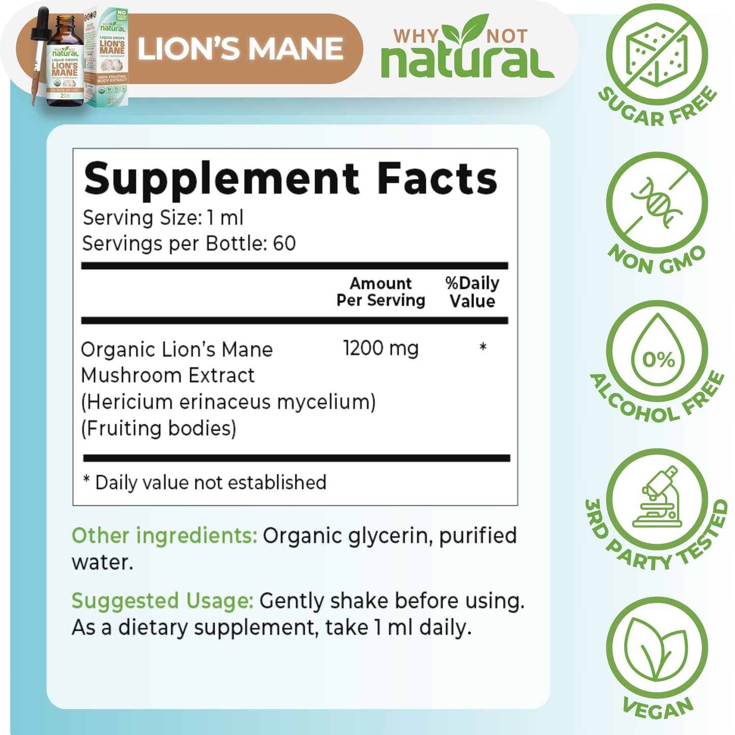 Organic Lions Mane Liquid Extract Mushroom Tincture