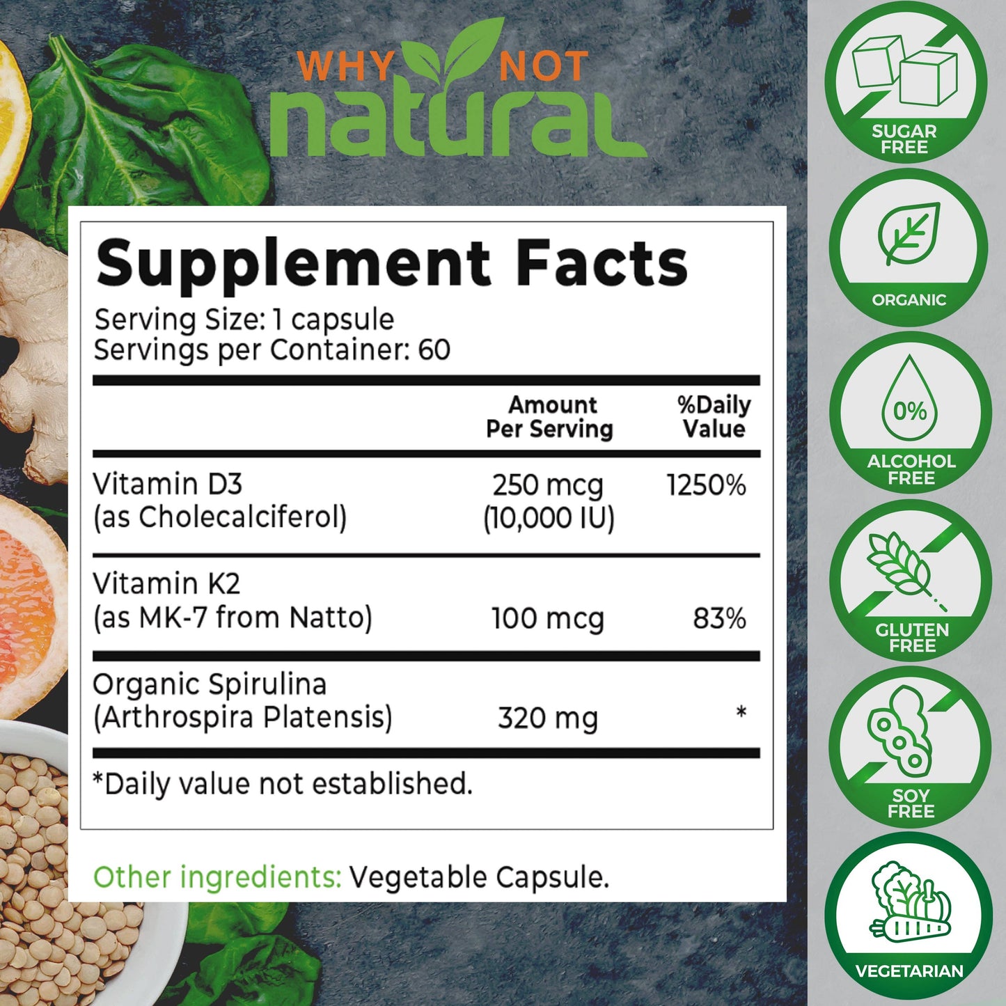 Vitamin D3 K2 (MK-7) with Organic Spirulina