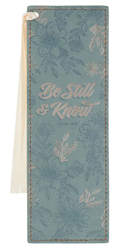 Be Still Teal Floral Faux Leather Bookmark - Psalm 46:10