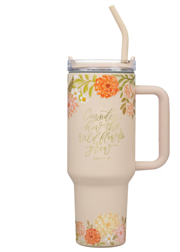 Consider the Wildflowers 40 oz Peach Stainless Steel Tumbler with Straw - Luke 12:27