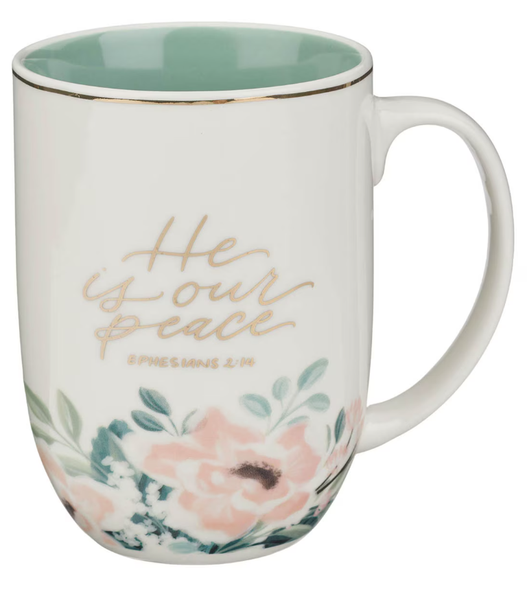 He Is Our Peace Green Floral Ceramic Coffee Mug – Ephesians 2:14