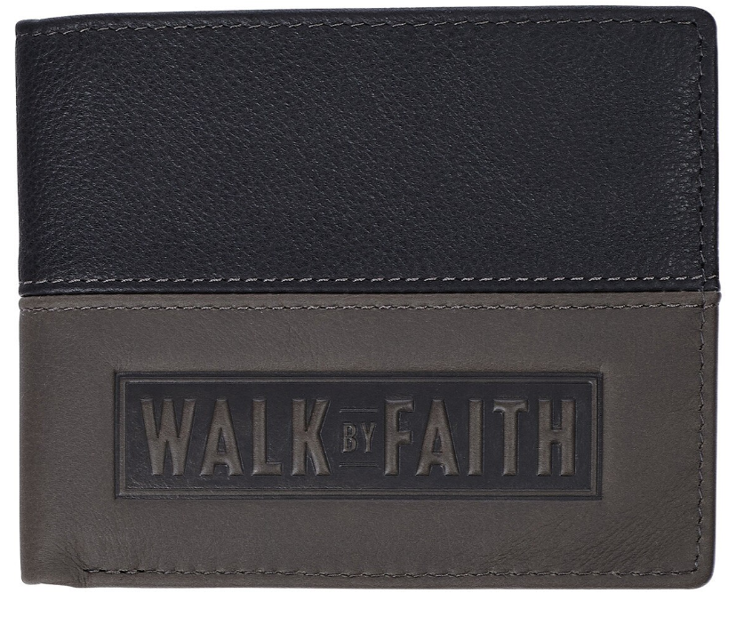 Walk by Faith Black and Gray Full Grain Leather Wallet - 2 Corinthians 5:7