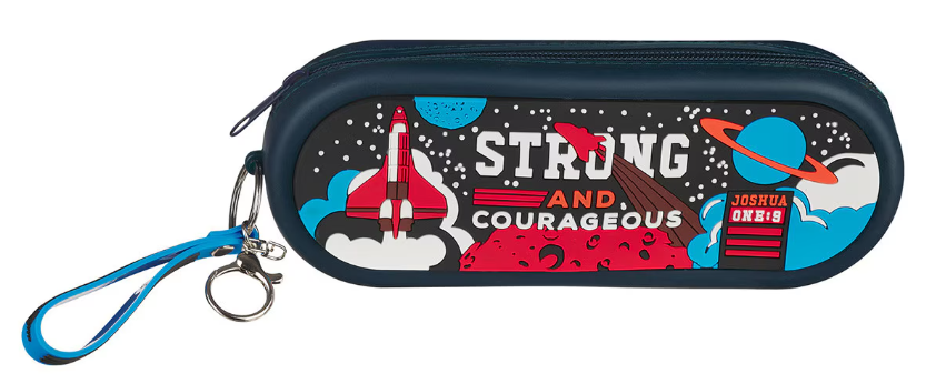 Strong and Courageous Navy Silicone Pencil Case - Joshua 1:9