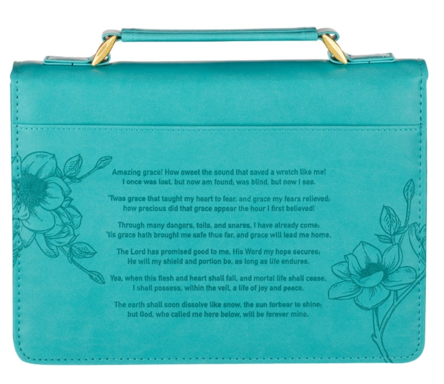 Amazing Grace Floral Teal Faux Leather Fashion Bible Cover- Large
