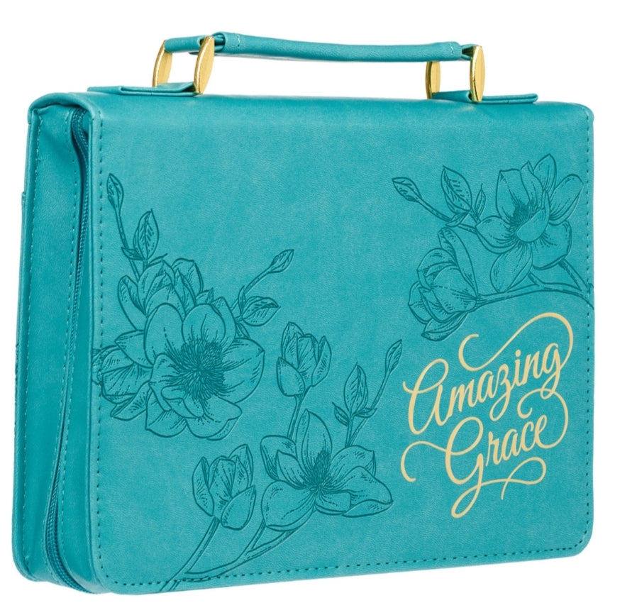 Amazing Grace Floral Teal Faux Leather Fashion Bible Cover- Large