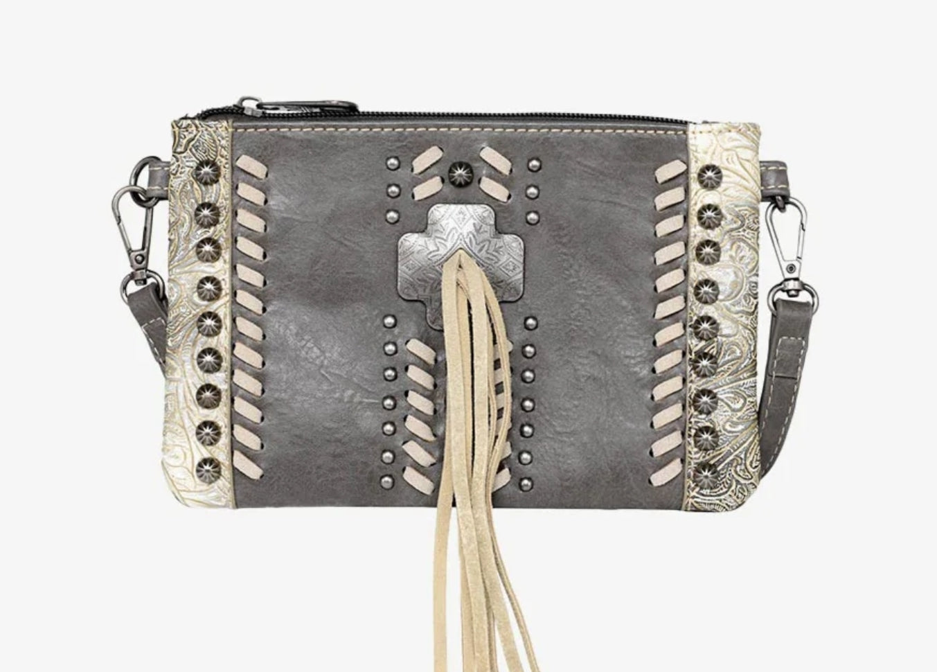 Montana West Concho Tassel Whipstitch Crossbody Clutch - Gray