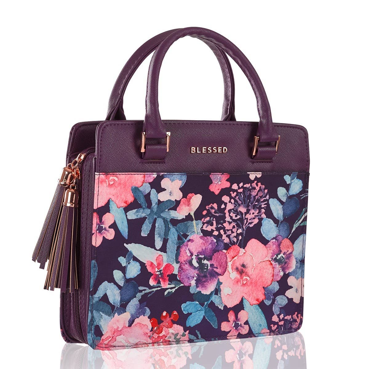 Blessed Purple Floral Faux Leather Purse-style Bible Cover