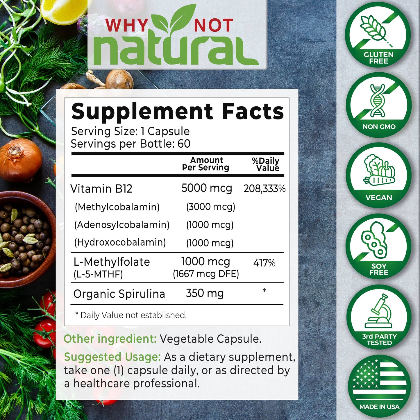Vitamin B12 5000 mcg Supplement with Methylcobalamin,60 Caps