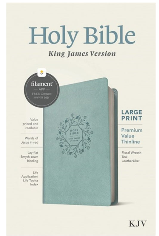 KJV Large Print Premium Value Thinline Bible, Filament Enabled Edition-Teal Floral Wreath LeatherLike