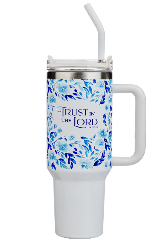 Trust in the Lord Blue Botany 40 oz Stainless Steel Tumbler with Straw - Proverbs 3:5