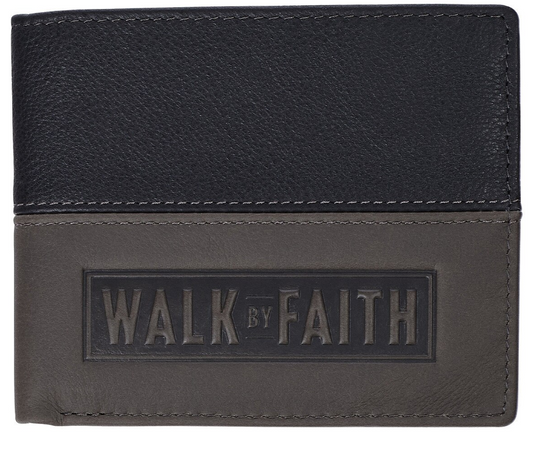Walk by Faith Black and Gray Full Grain Leather Wallet - 2 Corinthians 5:7