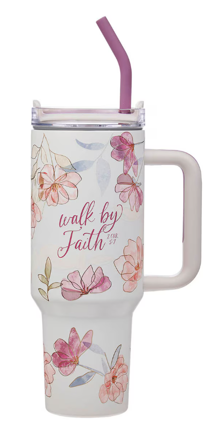 Walk by Faith Pink Cosmos 40 oz Stainless Steel Tumbler with Straw - 2 Corinthians 5:7