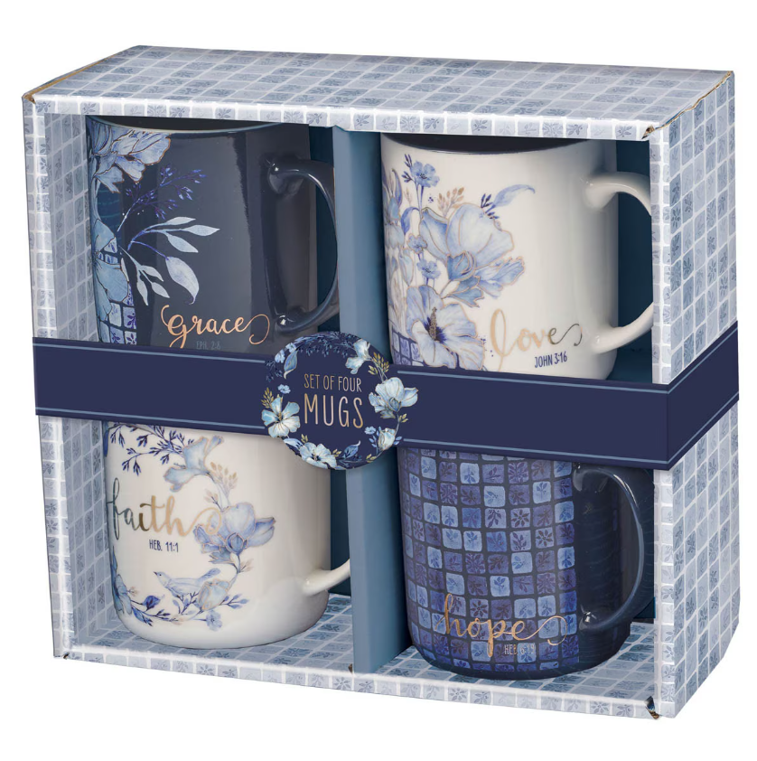 Blue Floral Tile Ceramic Mug Set