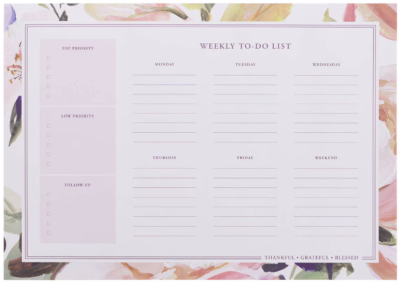 Thankful Grateful Blessed Floral Weekly To-Do List Planner Pad