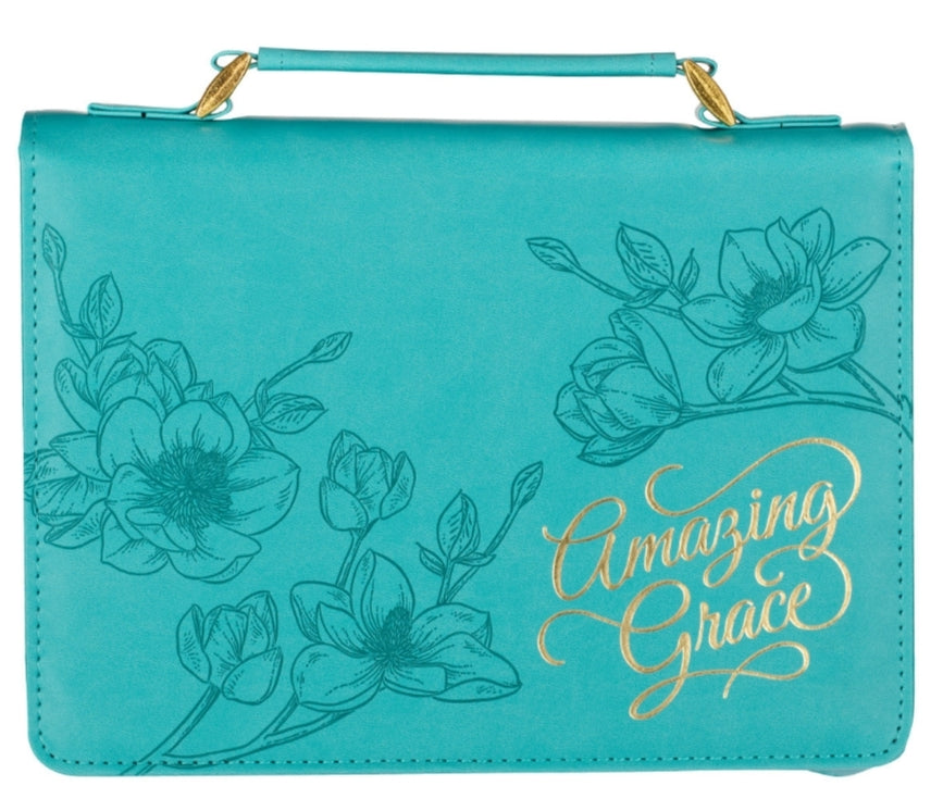 Amazing Grace Floral Teal Faux Leather Fashion Bible Cover- Large