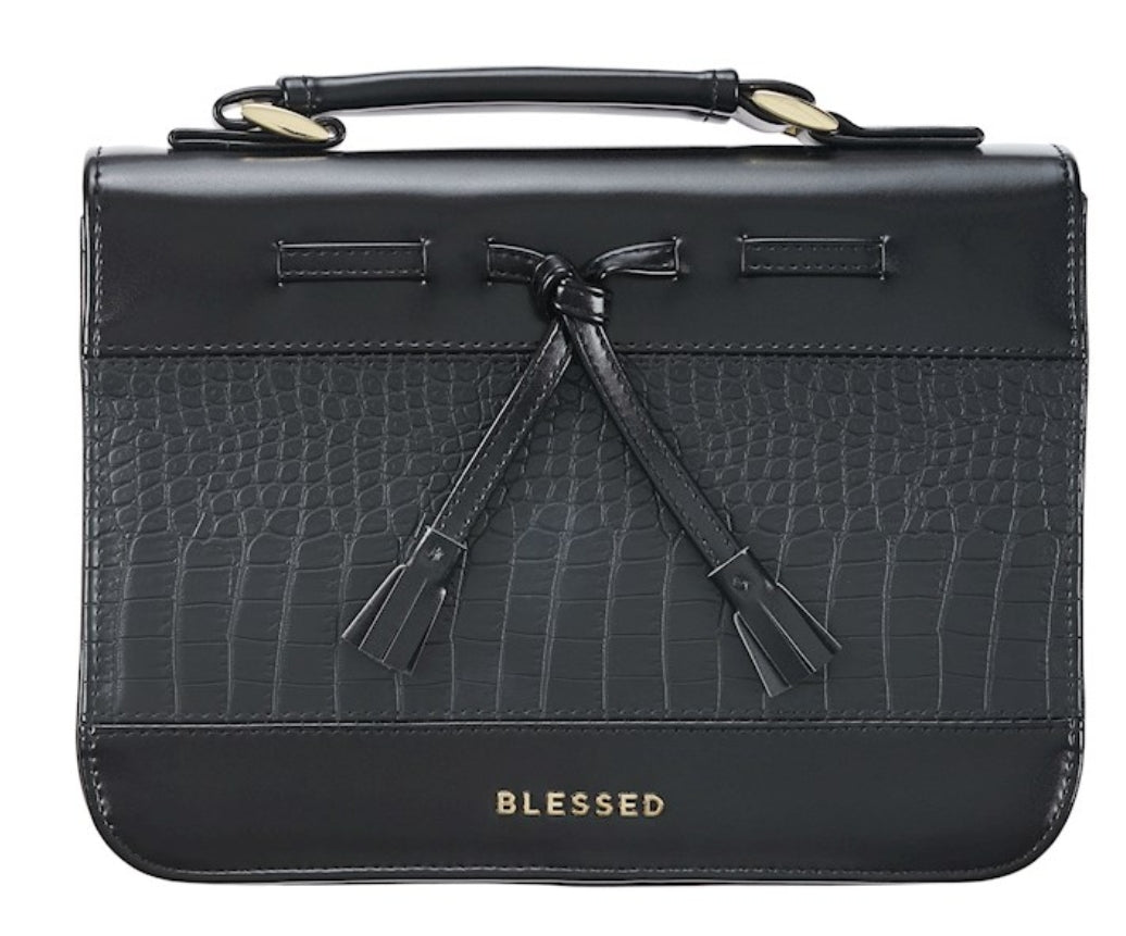 Bible Cover-Blessed With Bow-Black Croc-LRG